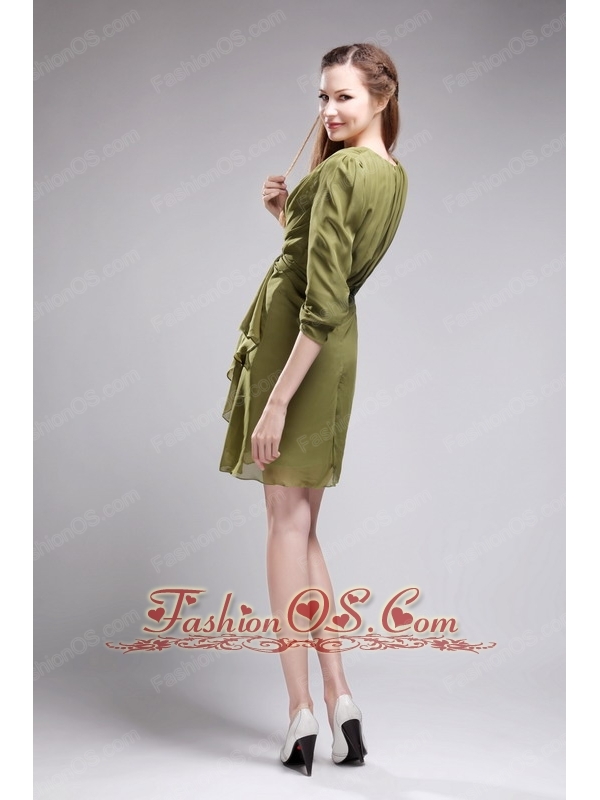 Brand New Column / Sheath V-neck Mini-length Chiffon Olive Green Mother of the Bride Dress