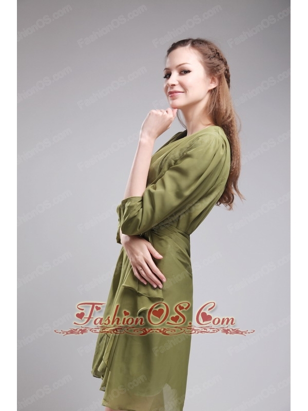 Brand New Column / Sheath V-neck Mini-length Chiffon Olive Green Mother of the Bride Dress