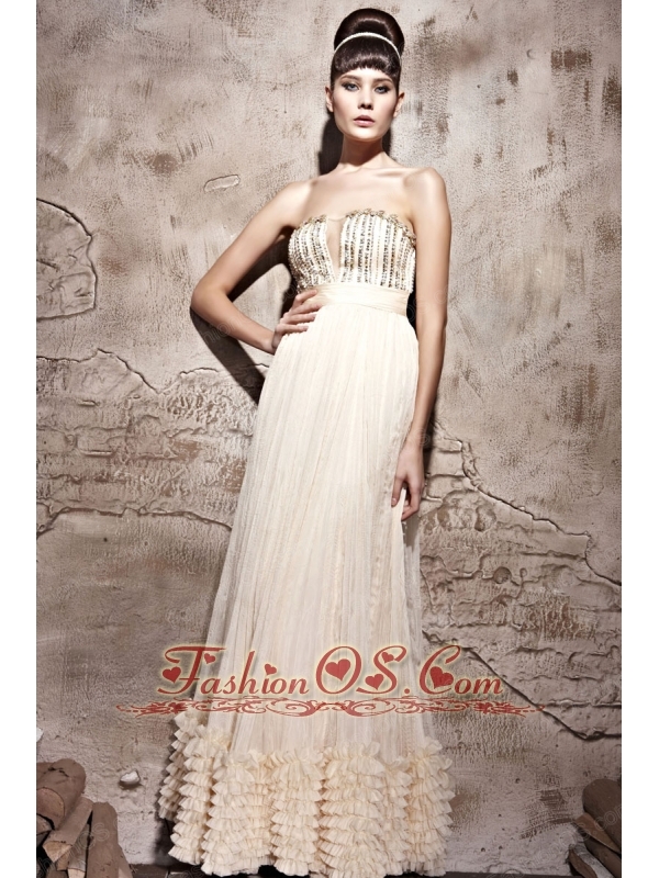 Champagne Column / Sheath Strapless Floor-length Chiffon Beading Prom / Evening Dress