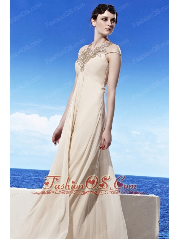 Champagne Empire Scoop Floor-length Chiffon Appliques Prom Dress