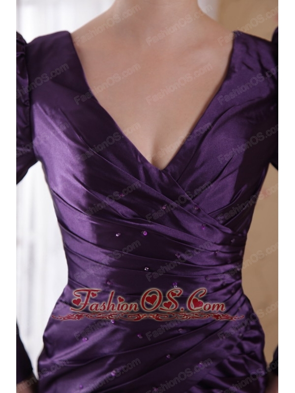 Dark Purple Column / Sheath V-neck Brush /Sweep Satin Mother of the Bride Dress