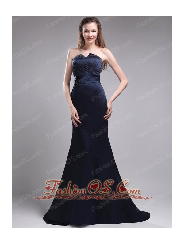 Perfect Column Strapless Brush Train Satin Beading Navy Blue Mother of the Bride Dress