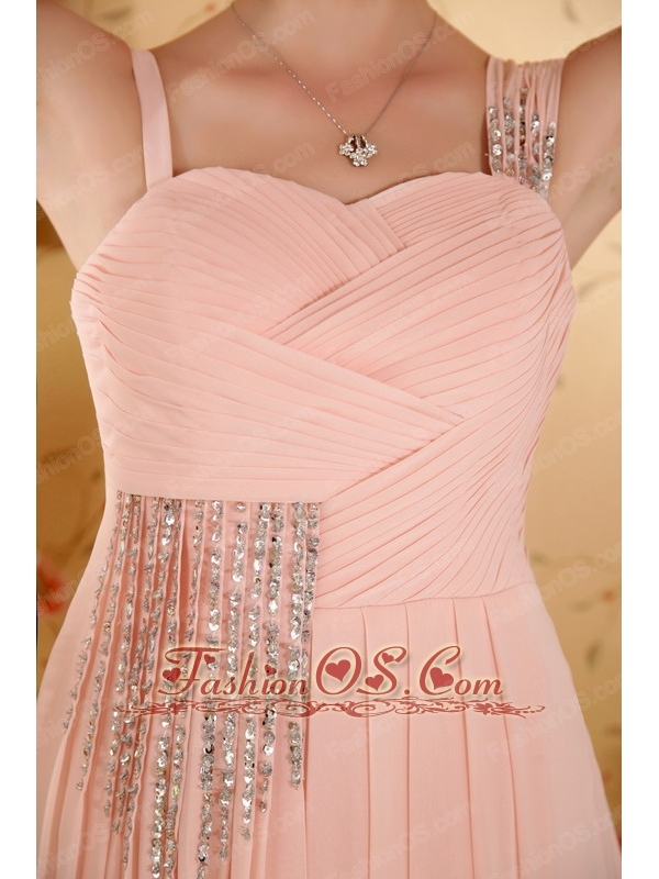 Baby Pink Empire Straps Court Train Chiffon Beading and Ruch Prom / Graduation Dress