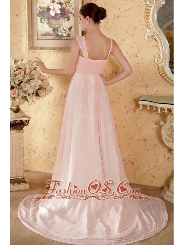 Baby Pink Empire Straps Court Train Chiffon Beading and Ruch Prom / Graduation Dress