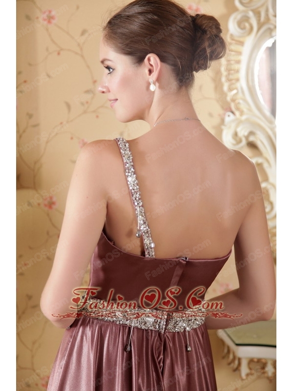 Elegant Empire One Shoulder Brush Train Elastic Woven Satin Beading and Ruch Prom / Graduation Dress
