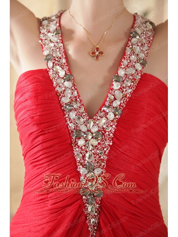 Red Column Halter Chapel Train Chiffon Beading and Ruch Prom Dress