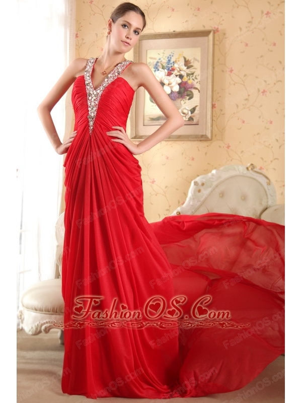 Red Column Halter Chapel Train Chiffon Beading and Ruch Prom Dress