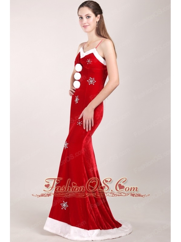 White and Red Mermaid Straps Christmas Prom Dress with Silver Beading