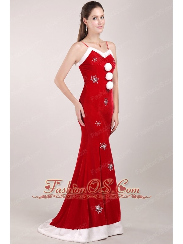 White and Red Mermaid Straps Christmas Prom Dress with Silver Beading