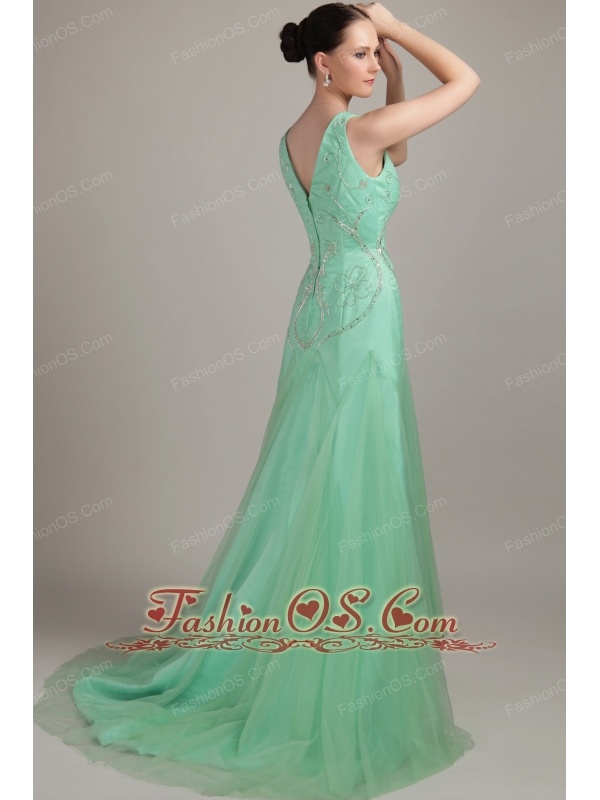 Apple Green Empire V- neck  Brush / Sweep Tulle Beading Prom Dress