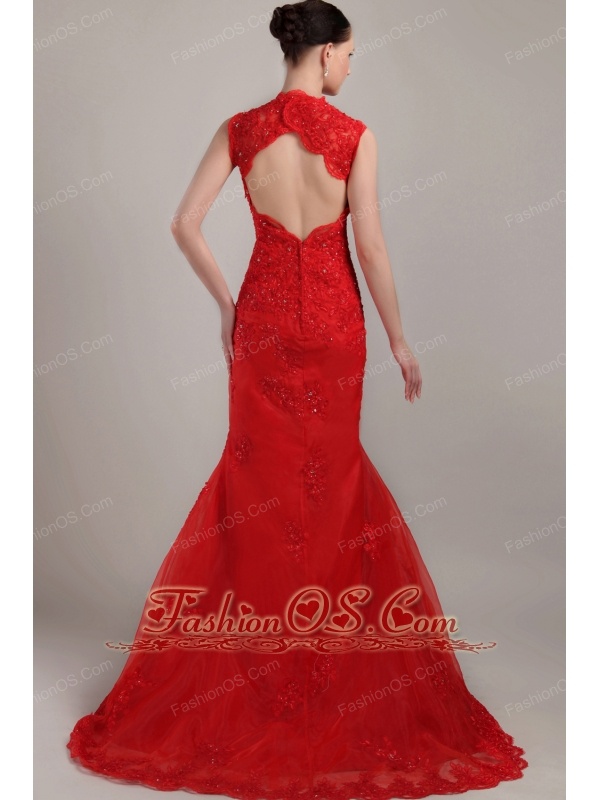 Wonderful Red Mermaid V-neck Brush Lace Prom Dress