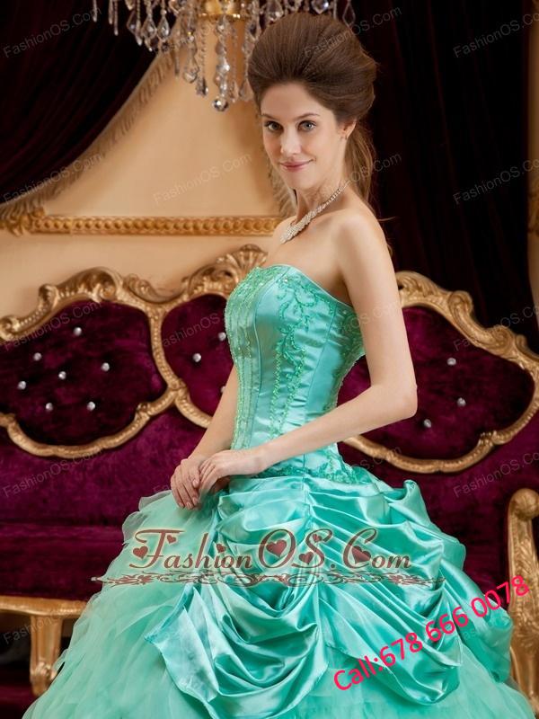 Affordable Apple Green Quinceanera Dress Strapless Ruffles Taffeta and Organza Ball Gown