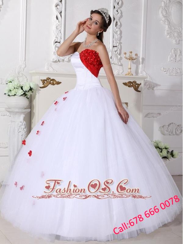 Beautiful White and Red Quinceanera Dress Sweetheart Satin and Tulle Appliques Ball Gown