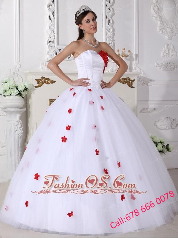 Beautiful White and Red Quinceanera Dress Sweetheart Satin and Tulle Appliques Ball Gown