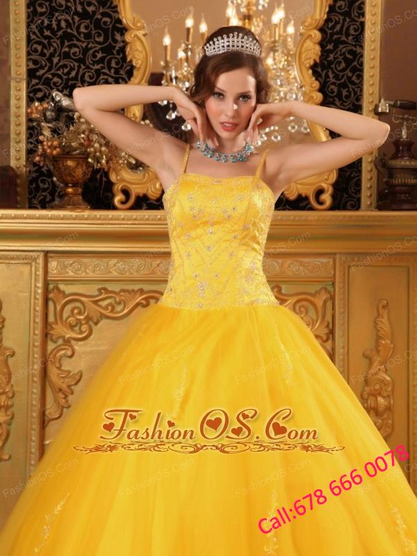 Cheap Yellow Quinceanera Dress Spaghetti Straps Beading Satin and Tulle Ball Gown