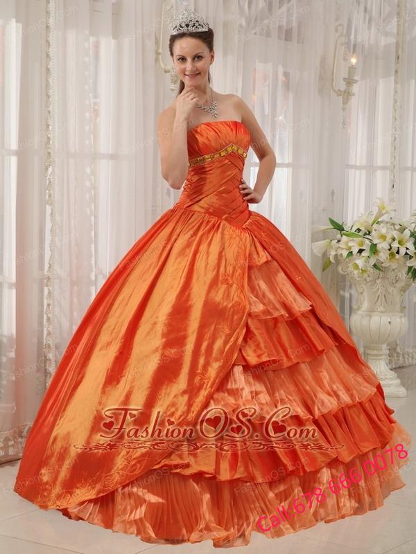 Classical Orange Quinceanera Dress Strapless Taffeta Ruffles Ball Gown