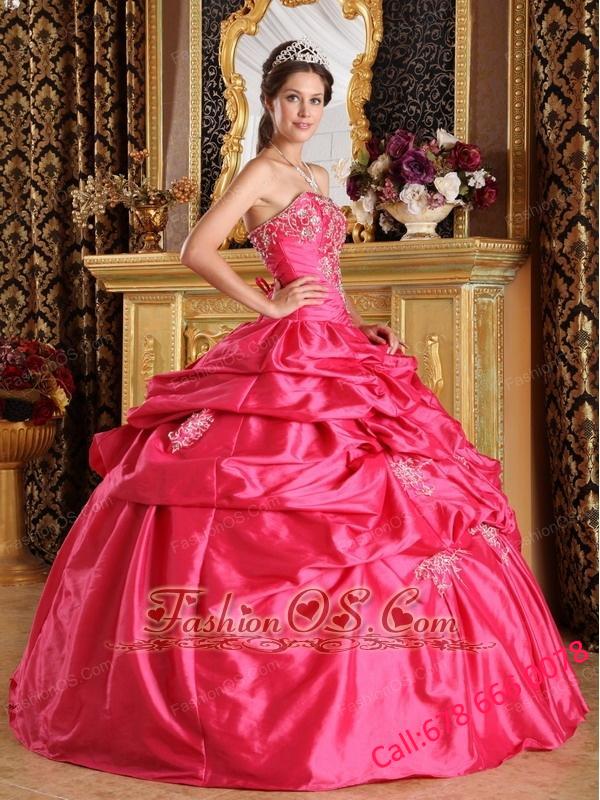 Cute Hot Pink Quinceanera Dress Strapless Pick-ups Taffeta Ball Gown