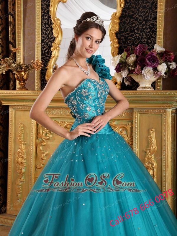 Elegant Teal Quinceanera Dress One Shoulder Tulle Beading A-Line / Princess
