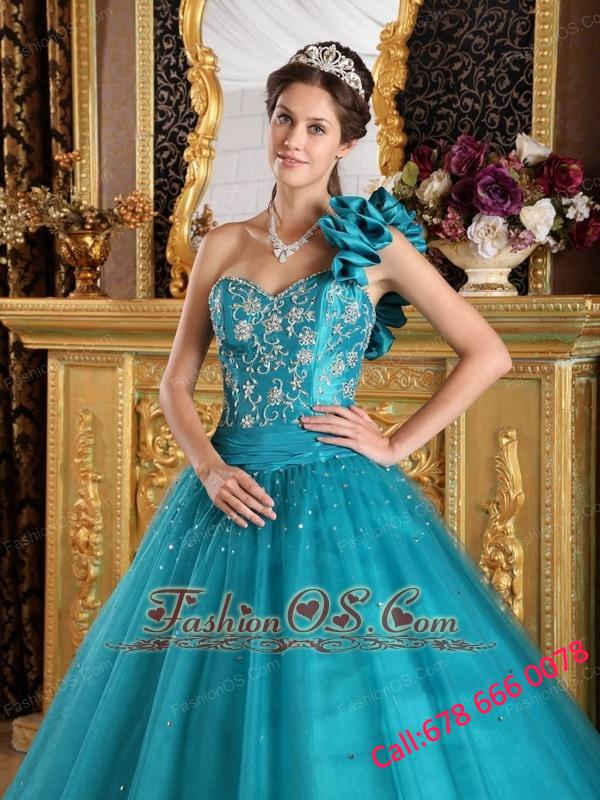 Elegant Teal Quinceanera Dress One Shoulder Tulle Beading A-Line / Princess
