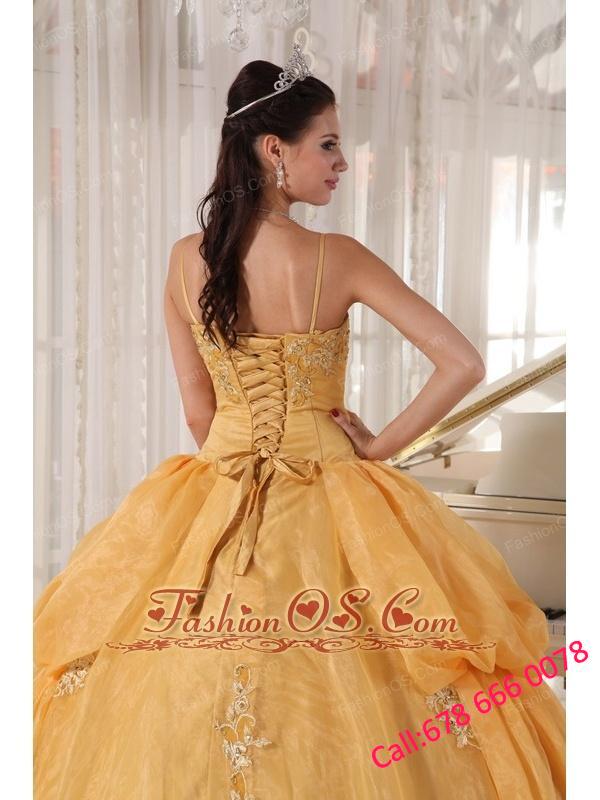 Exquisite Gold Quinceanera Dress Spaghetti Straps Taffeta and Organza Appliques Ball Gown