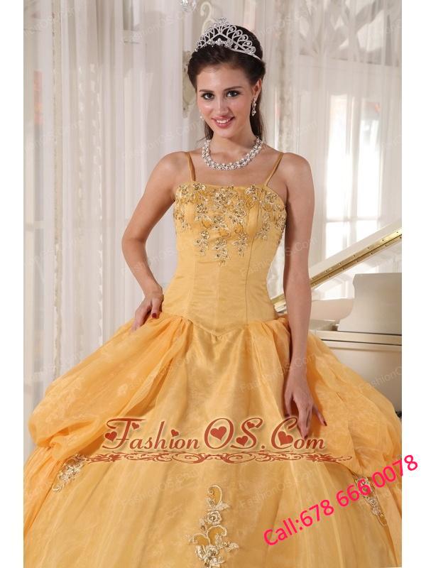 Exquisite Gold Quinceanera Dress Spaghetti Straps Taffeta and Organza Appliques Ball Gown