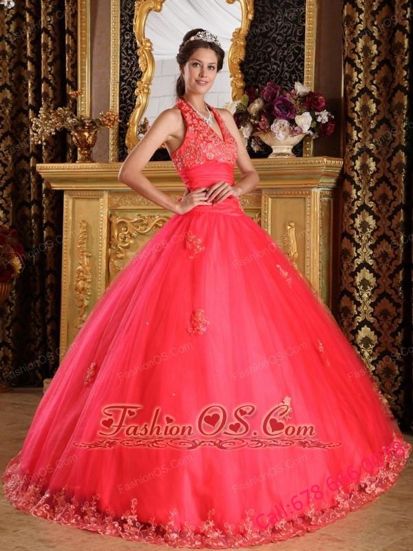 Gorgeous Coral Red Quinceanera Dress Halter Appliques Tulle Ball Gown