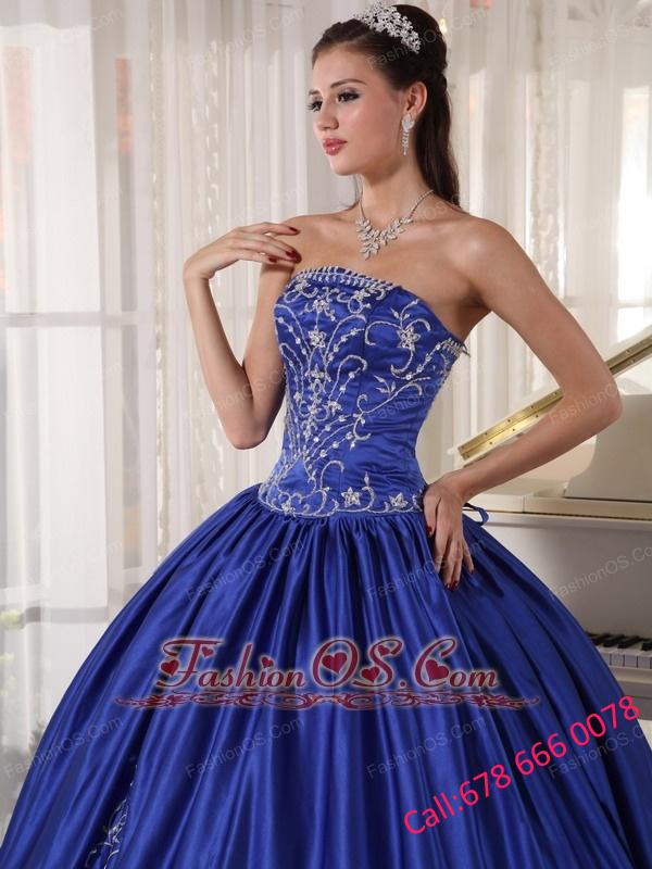 Popular Blue Quinceanera Dress Strapless Satin Embroidery Ball Gown