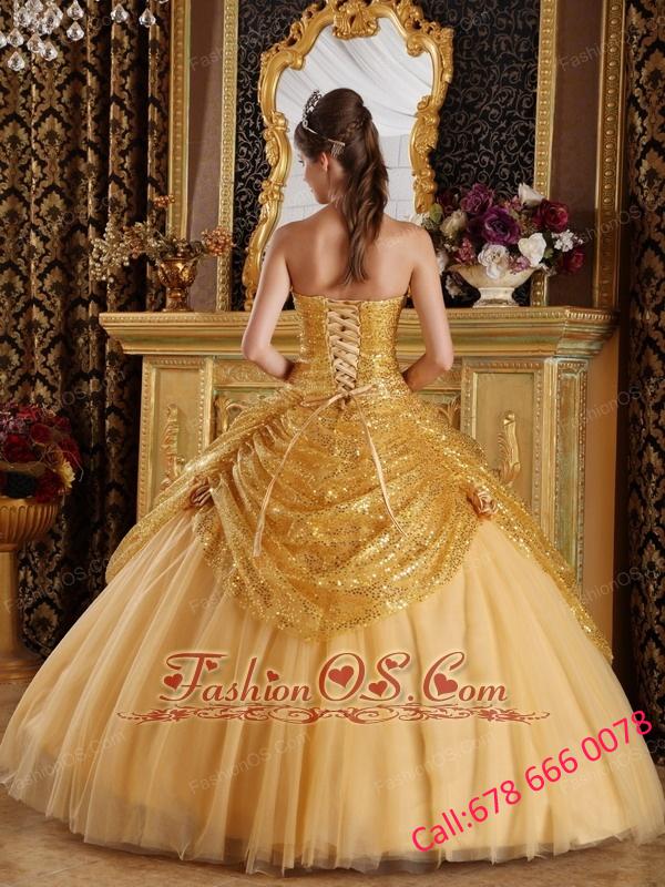 New Gold Quinceanera Dress Sweetheart Sequined and Tulle Handle Flowers Ball Gown