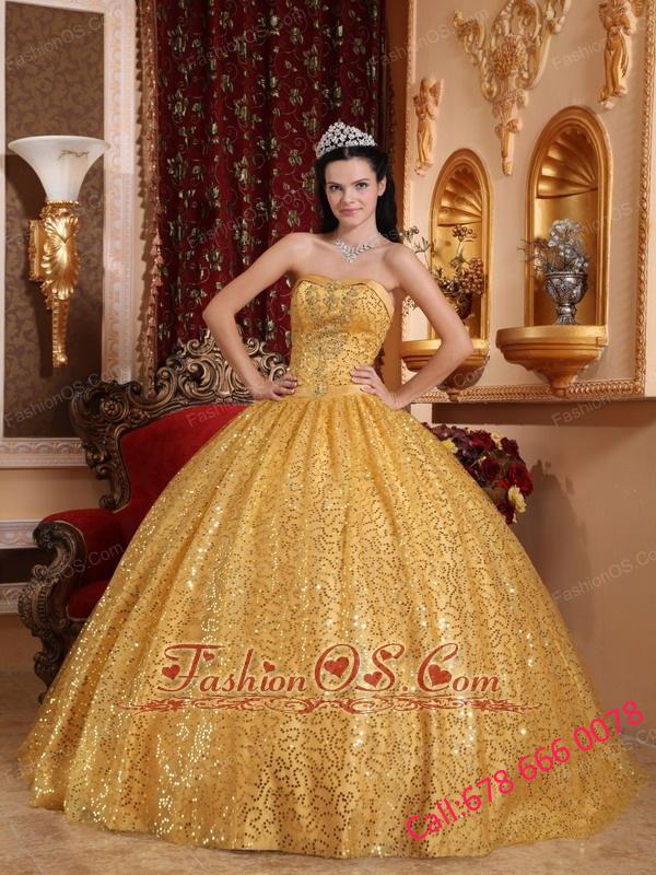 Perfect Gold Quinceanera Dress Sweetheart Sequin Fabric Beading Ball Gown