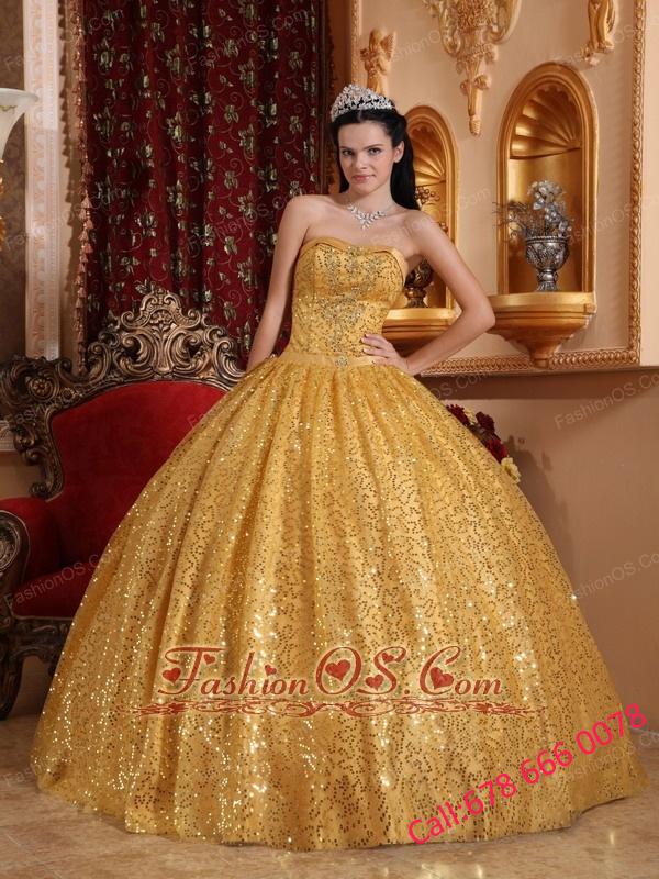 Perfect Gold Quinceanera Dress Sweetheart Sequin Fabric Beading Ball Gown