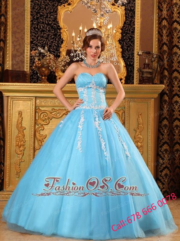 Popular Aqua Blue Quinceanera Dress Sweetheart  Tulle Appliques Ball Gown