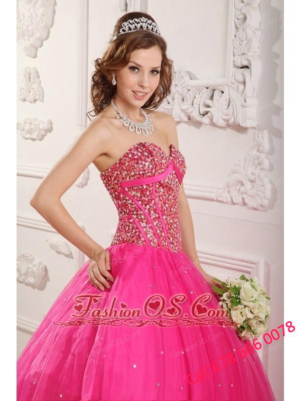 Popular Hot Pink Quinceanera Dress Sweetheart Satin and Organza Beading A-Line / Princess