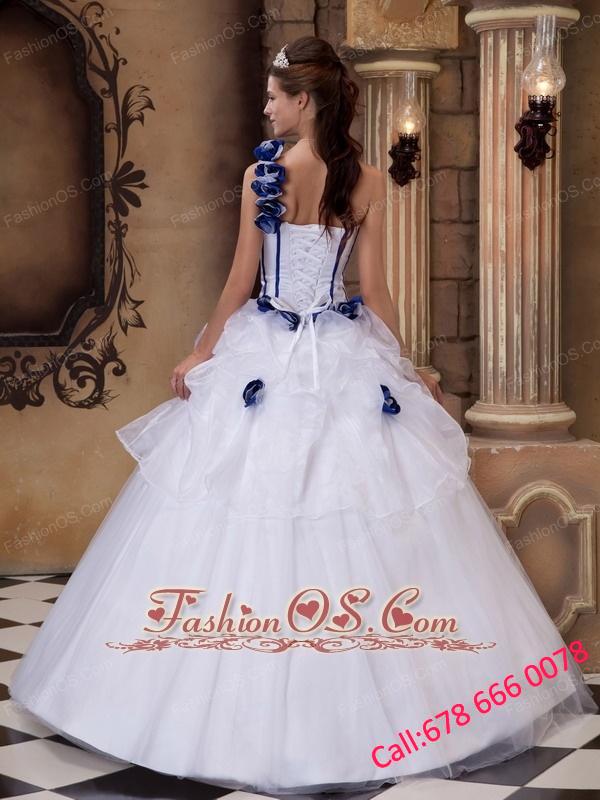 Popular White Quinceanera Dress One Shoulder Satin and Organza Hand Made Flowers Ball Gown