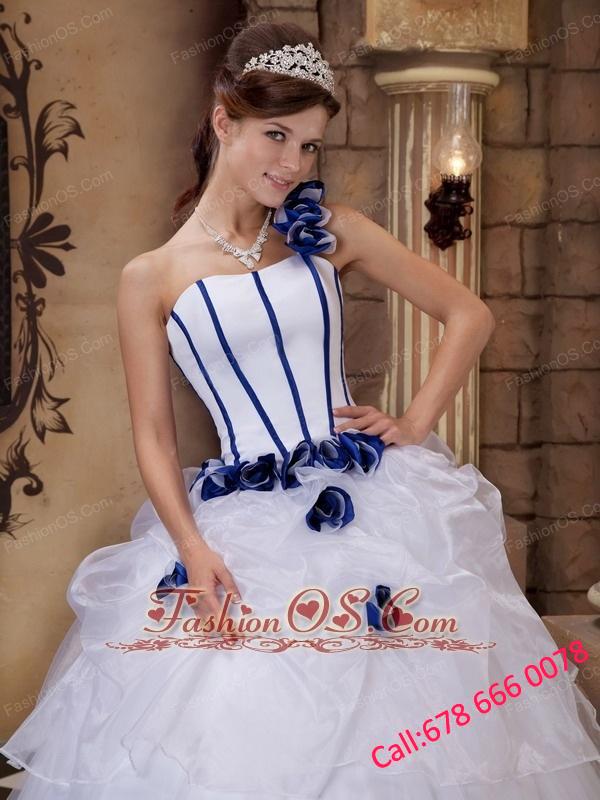 Popular White Quinceanera Dress One Shoulder Satin and Organza Hand Made Flowers Ball Gown