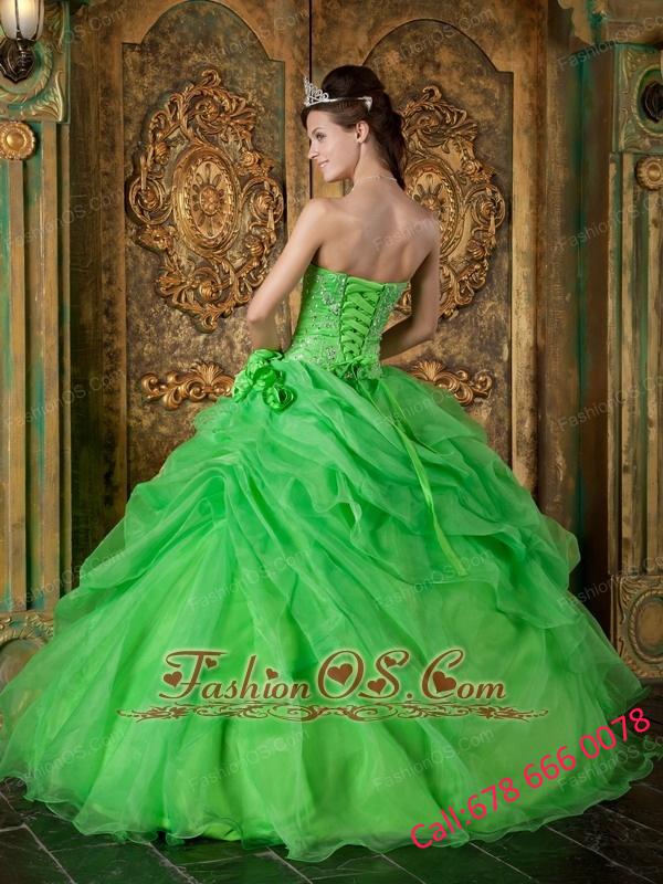 Pretty Spring Green Quinceanera Dress Strapless Organza Beading Ball Gown
