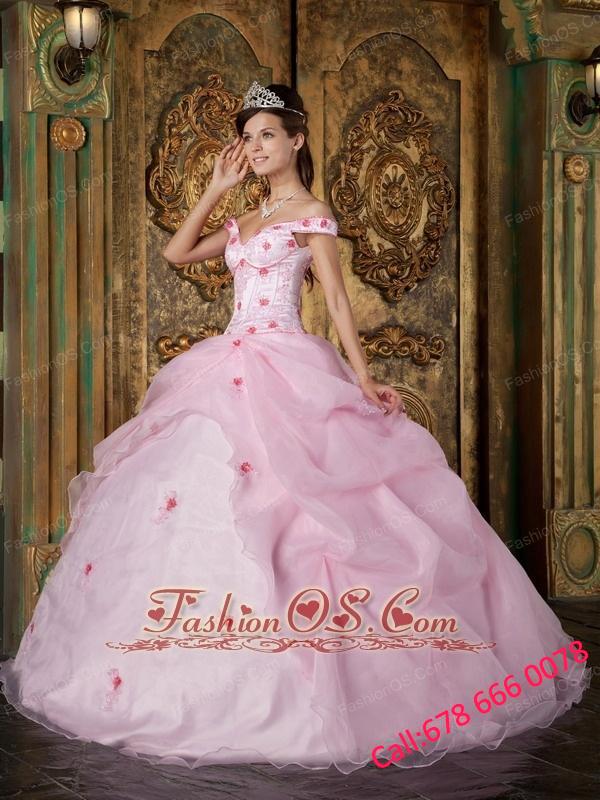 Romantic Pink Quinceanera Dress Off The Shoulder Organza Appliques Ball Gown