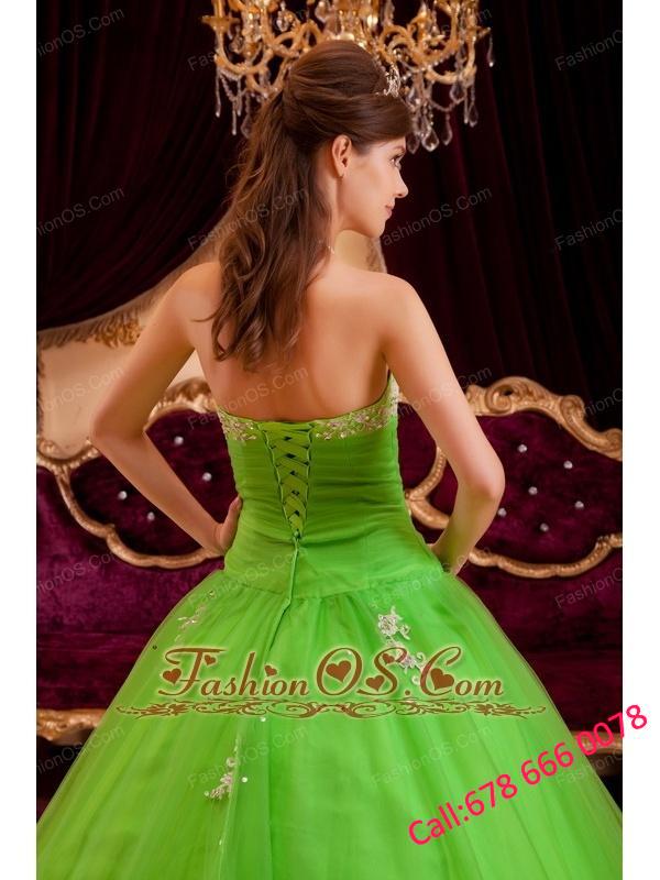 Simple Spring Green Quinceanera Dress Strapless  Appliques Tulle A-line / Princess