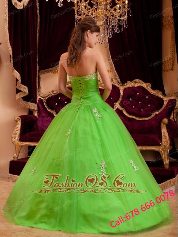 Simple Spring Green Quinceanera Dress Strapless  Appliques Tulle A-line / Princess