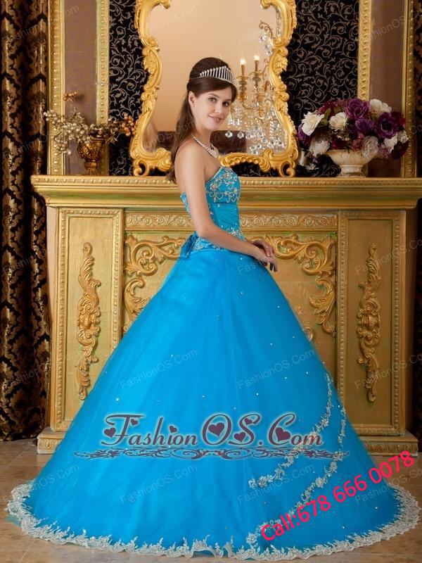 Teal Ball Gown Strapless Floor-length Tulle Lace Appliques Quinceanera Dress