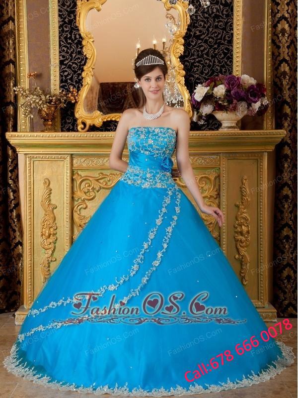 Teal Ball Gown Strapless Floor-length Tulle Lace Appliques Quinceanera Dress
