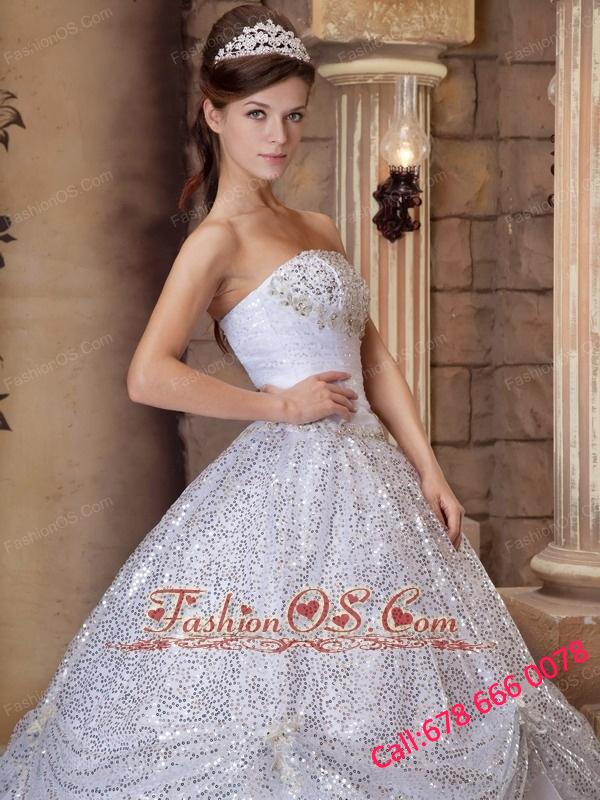 The Super Hot White Quinceanera Dress Strapless Pick-ups Sequins Ball Gown