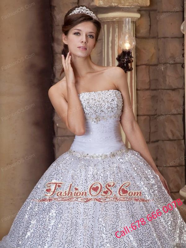 The Super Hot White Quinceanera Dress Strapless Pick-ups Sequins Ball Gown