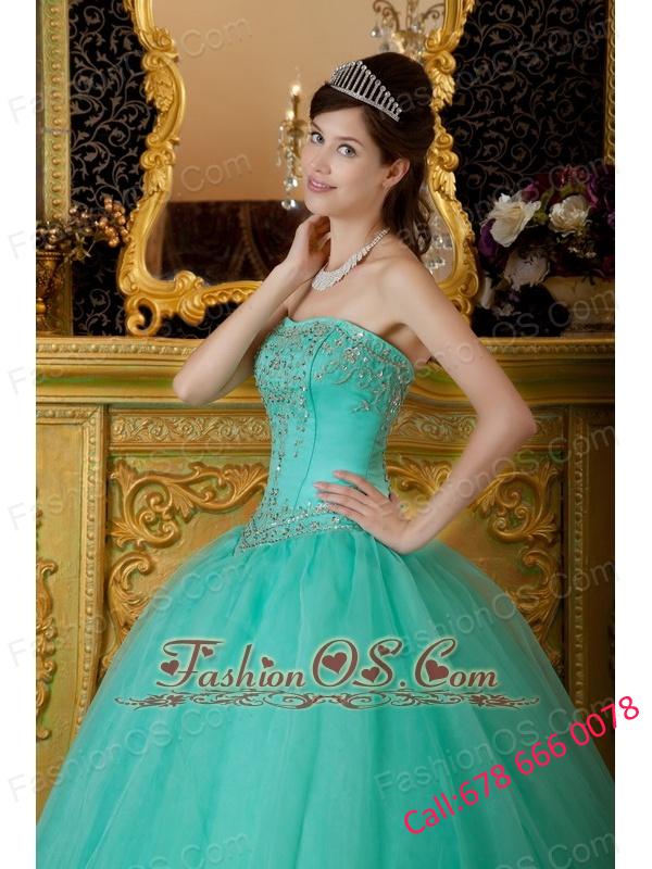 AffordableTurquoise Quinceanera Dress Strapless Organza Beading Ball Gown