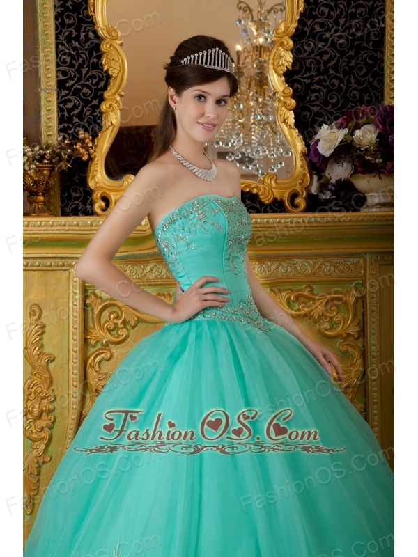 AffordableTurquoise Quinceanera Dress Strapless Organza Beading Ball Gown