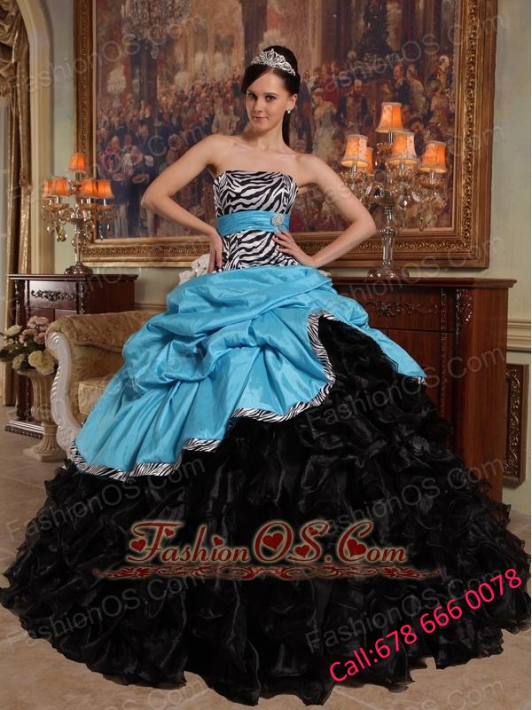 New Aqua Blue and Black Quinceanera Dress Sweetheart Pick-ups Ball Gown Taffeta and Organza