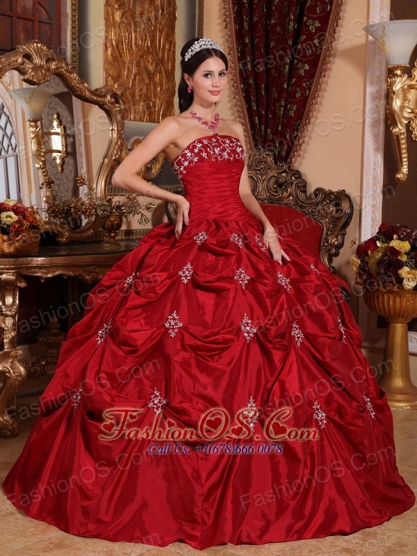 Brand New Wine Red Quinceanera Dress Strapless Taffeta Appliques Ball Gown