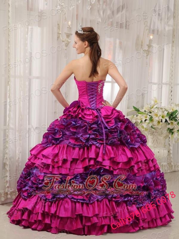 Cheap Fuchsia Quinceanera Dress Straplesas Taffeta Appliques and Ruch Ball Gown