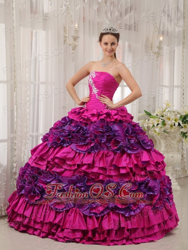 Cheap Fuchsia Quinceanera Dress Straplesas Taffeta Appliques and Ruch Ball Gown