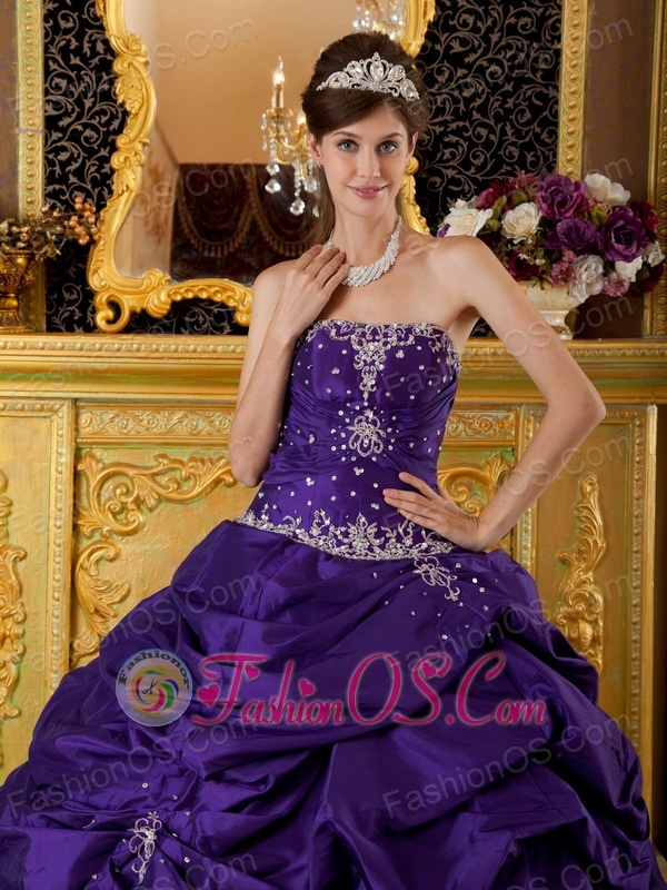 Classical Purple Quinceanera Dress Strapless Taffeta Appliques Ball Gown