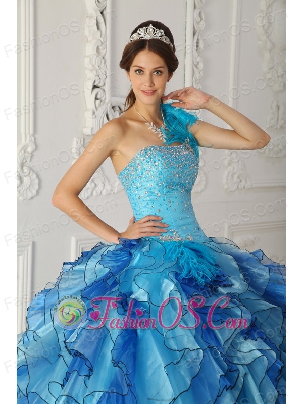 Discount Aqua Blue Quinceanera Dress One Shoulder Satin and Organza Beading Ball Gown